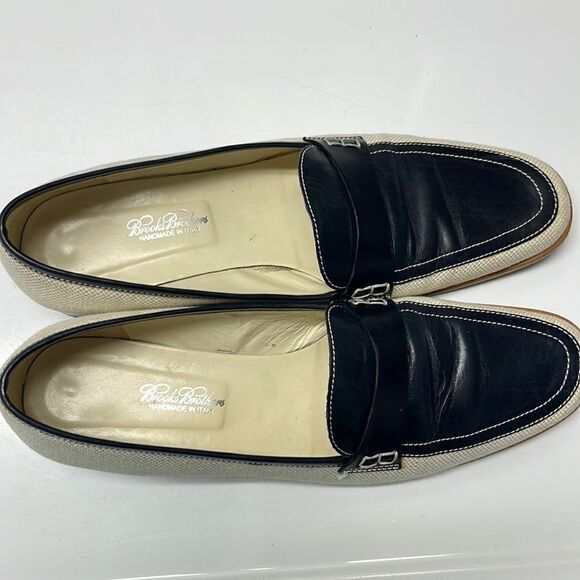Brooks Brothers Beige Navy Twill and Leather Classic Slip-On Loafers- Size 8 - Picture 3 of 13